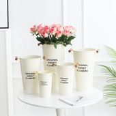 美式 落地醒花桶米色木把提手铁皮花桶简约花店鲜花桶家用花盆摆摊