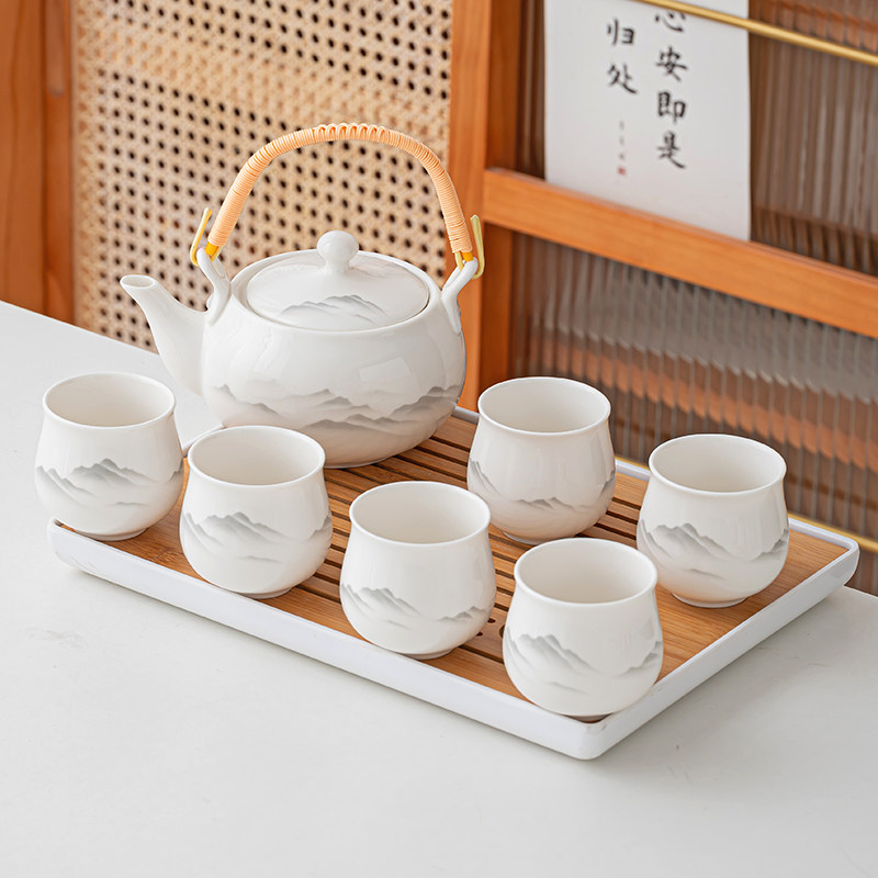 德化白瓷提梁壶功夫茶具套组陶瓷家用水墨风茶壶茶杯中式简约现代