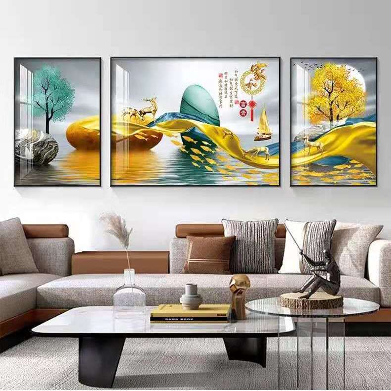 现代简约客厅装饰画沙发背景墙壁画晶瓷北欧轻奢三联挂画有框