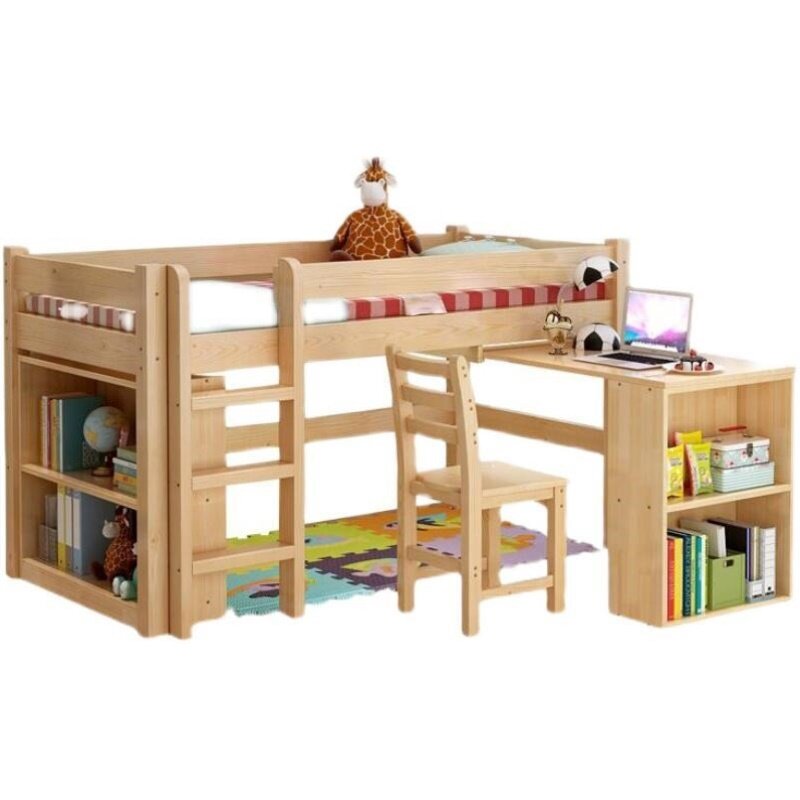 橡胶木儿童床实木半高床男孩女孩中高床高架床小孩床带护栏可定制