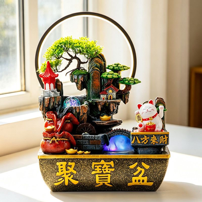 假山流水摆件家居客厅办公室招财猫桌面循环水加湿器开业乔迁礼品