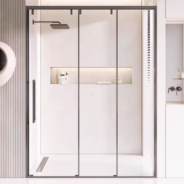 极窄三联动淋浴房隔断玻璃缓冲推拉门不锈钢干湿分离一字型卫生间