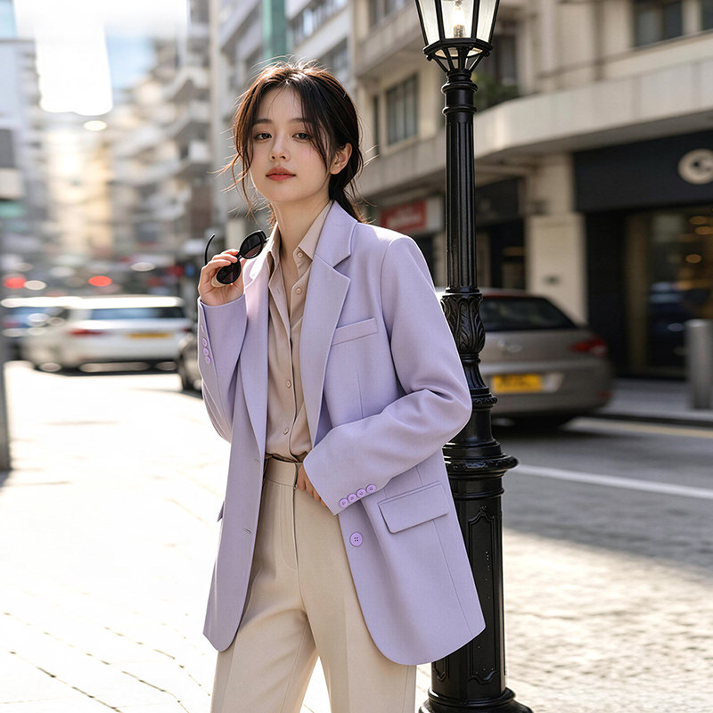 紫色西装外套女春秋季2026新款小个子高级感正肩韩系短款休闲西服