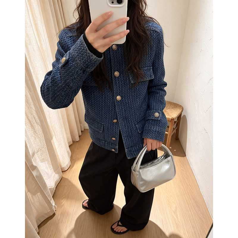 蓝色小香风牛仔外套女春秋季小个子高级感立领老钱风短款夹克上衣