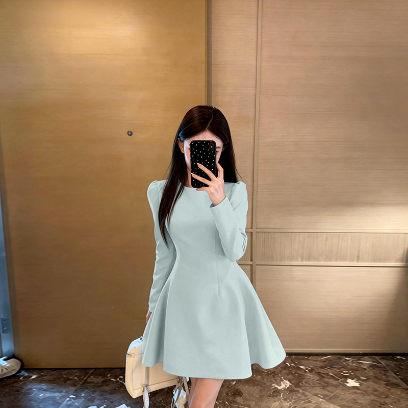 蓝色长袖连衣裙子女春秋法式气质小个子高级感收腰显瘦礼服裙短裙