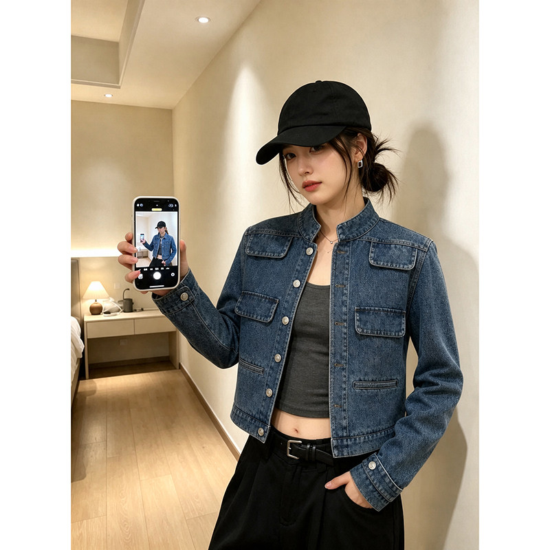 蓝色小香风牛仔外套女春秋季小个子高级感立领老钱风短款夹克上衣