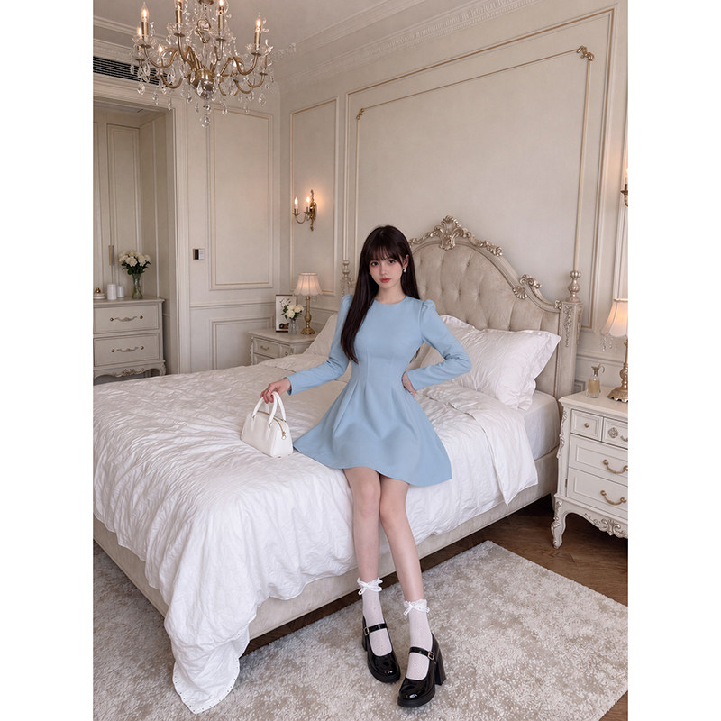 蓝色长袖连衣裙子女春秋小个子高级感收腰法式礼服裙气质显瘦短裙