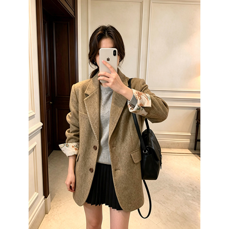 西装呢子大衣女早春秋2026正肩小个子高级感加厚羊毛外套短款上衣