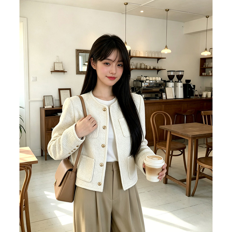 白色小香风羽绒外套女秋冬法式高级感小个子加厚羊毛套装短款上衣