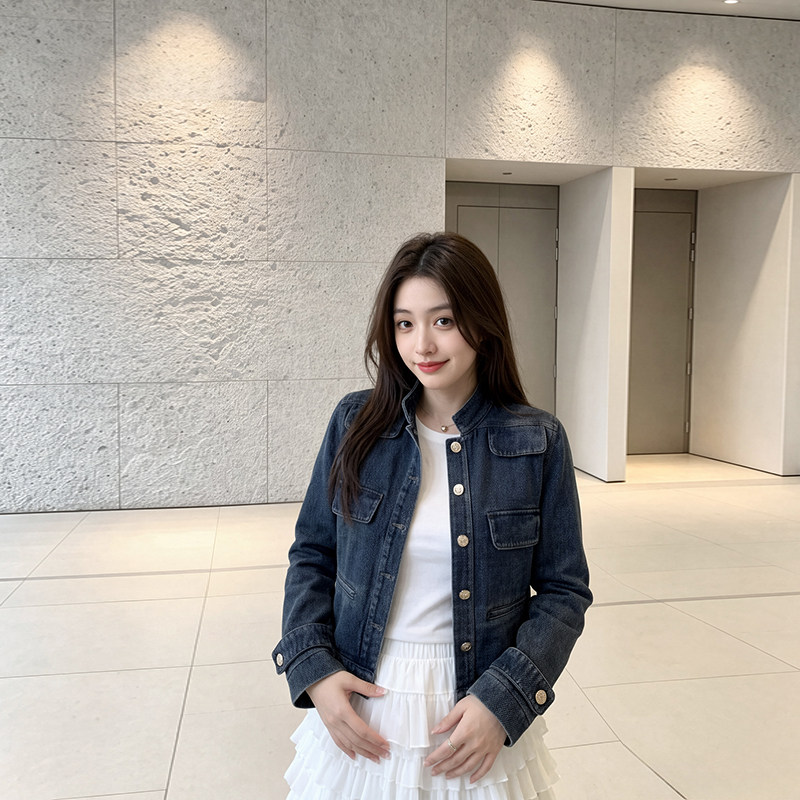 蓝色牛仔外套女短款小个子高级感春秋复古老钱风正肩气质夹克上衣
