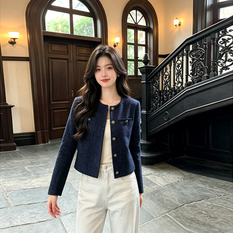 蓝色小香风羽绒外套女2026春秋新款法式小个子高级感羊毛短款上衣
