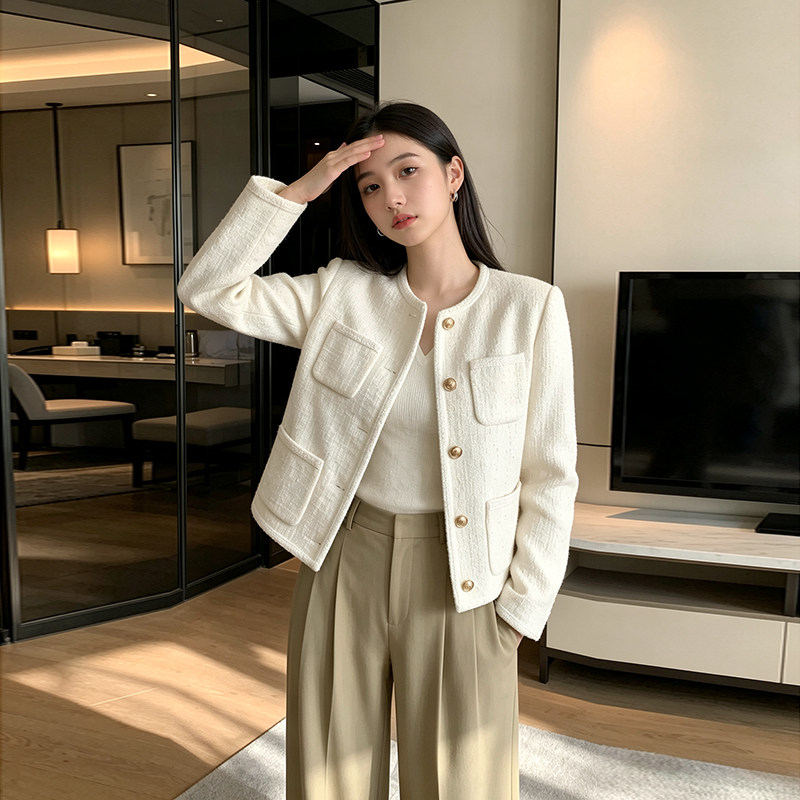 白色小香风羽绒外套女春秋冬季2026新款套装小个子高级感短款上衣