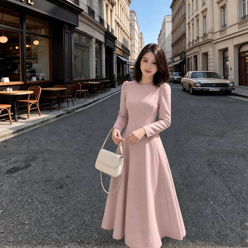粉色长袖连衣裙子女2026新款早春秋法式高级感收腰显瘦礼服裙长裙