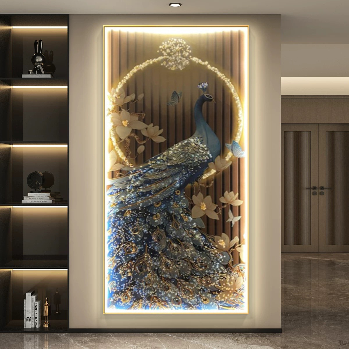 孔雀简约现代玄关装饰画led灯光轻奢高级感走廊过道挂画竖版壁画