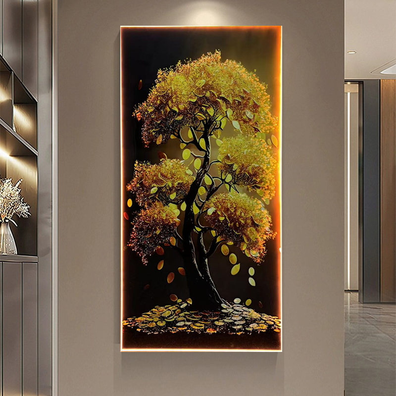 发财树入户正对门玄关装饰画led灯轻奢高档大气挂画走廊过道壁画