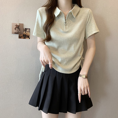 正肩Polo领短袖T恤女夏装大码肌理感打底衫胖mm显瘦短款抽绳上衣