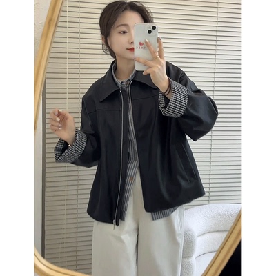 高级感拼接格子翻领黑色皮衣外套女春季新款休闲百搭PU皮夹克上衣
