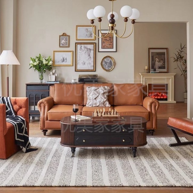 法式复古实木茶几电视柜组合美式客厅家用椭圆形茶桌移动茶台新款