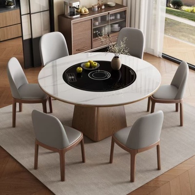 岩板餐桌椅暖菜板组合家用多功能实木饭桌酒店专用电磁炉火锅桌子