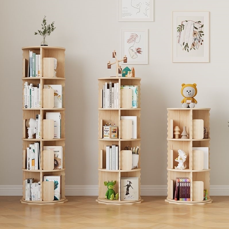 实木旋转书柜360度落地家用卧室小型会本收纳置物架儿童简单书架