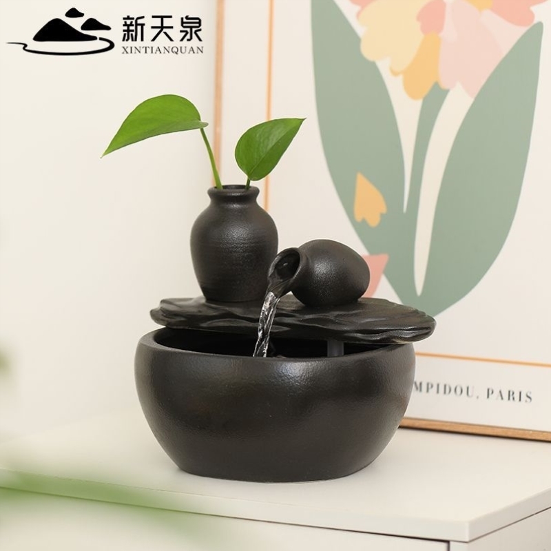 黑色陶瓷养鱼缸流水摆件小型流水器客厅循环水加湿办公室桌面装饰