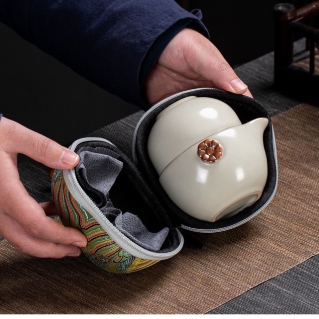 汝窑开片快客杯一壶两杯冰花旅行茶具户外泡茶杯陶瓷复古冰裂汝瓷