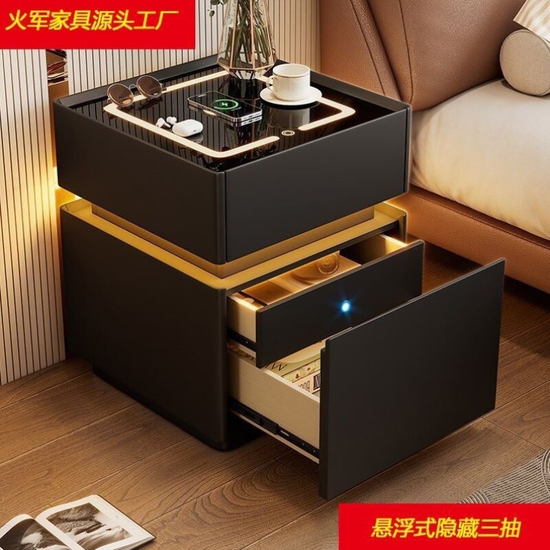 轻奢现代智能床头柜指纹锁带灯2024新款隐藏式床头柜床边收纳柜。