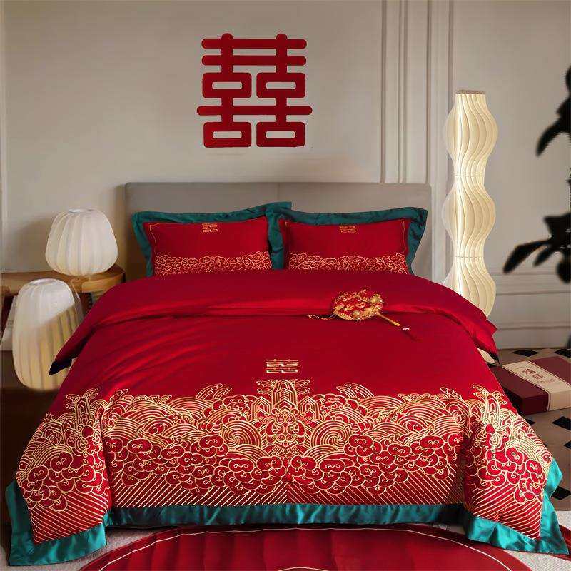 中式刺绣结婚四件套纯棉大红色床单被套全棉陪嫁喜被婚庆床品婚礼,收纳整理,烫衣板及配件,淘宝优惠券,粉丝福利购,淘宝优惠卷