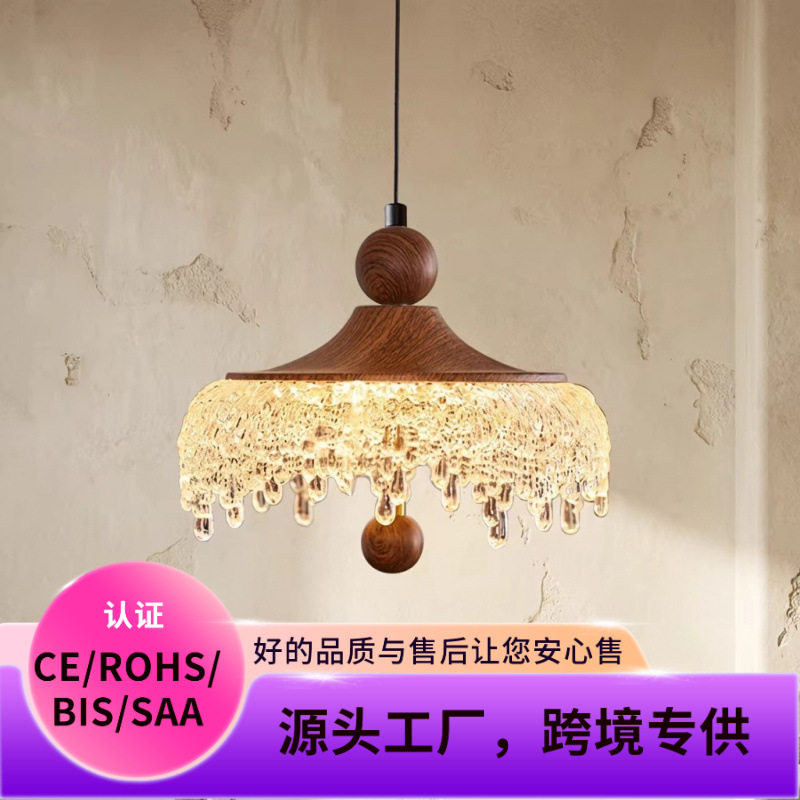 法式中古风餐厅吊灯复古胡桃木色水滴床头吊灯走廊阳台玄关灯具