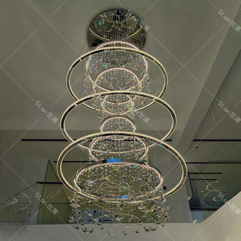 现代简约别墅挑空客厅吊灯2024新款水晶蝴蝶复式楼中楼中空大吊灯