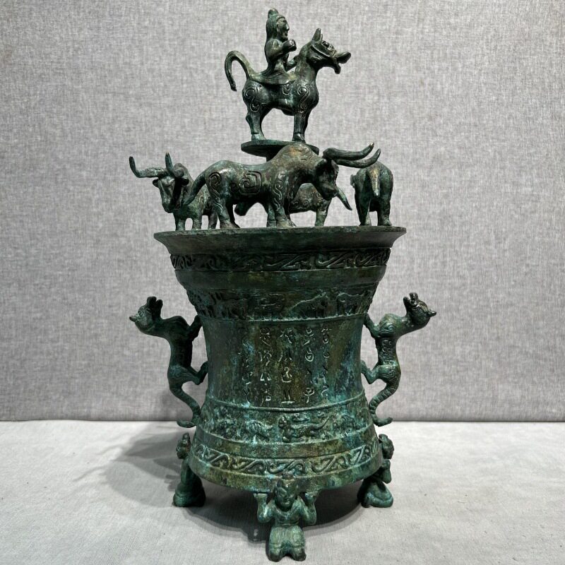 仿古青铜五牛一鼓贮贝器摆件