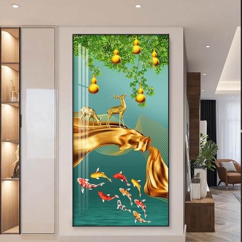 五福临门新中式玄关装饰画过道走廊竖版挂画入户葫芦轻奢大气壁画