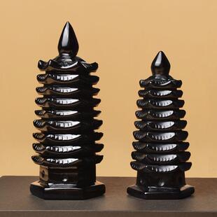 凤呈祥天然黑曜石九层文昌塔摆件黑色水晶家居客厅办公桌面摆