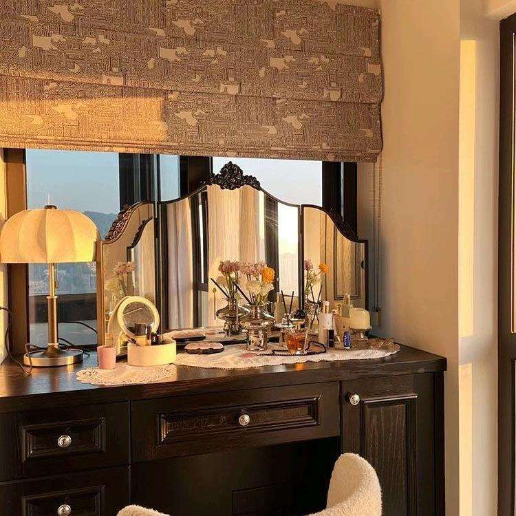 复古梳妆台镜子法式桌面三折镜三面卧室欧式折叠化妆镜黑色