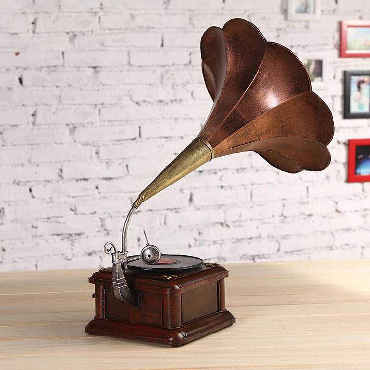 复古铁皮唱机模型黑胶大喇叭铁艺留声机仿古摆件橱窗陈列摆设