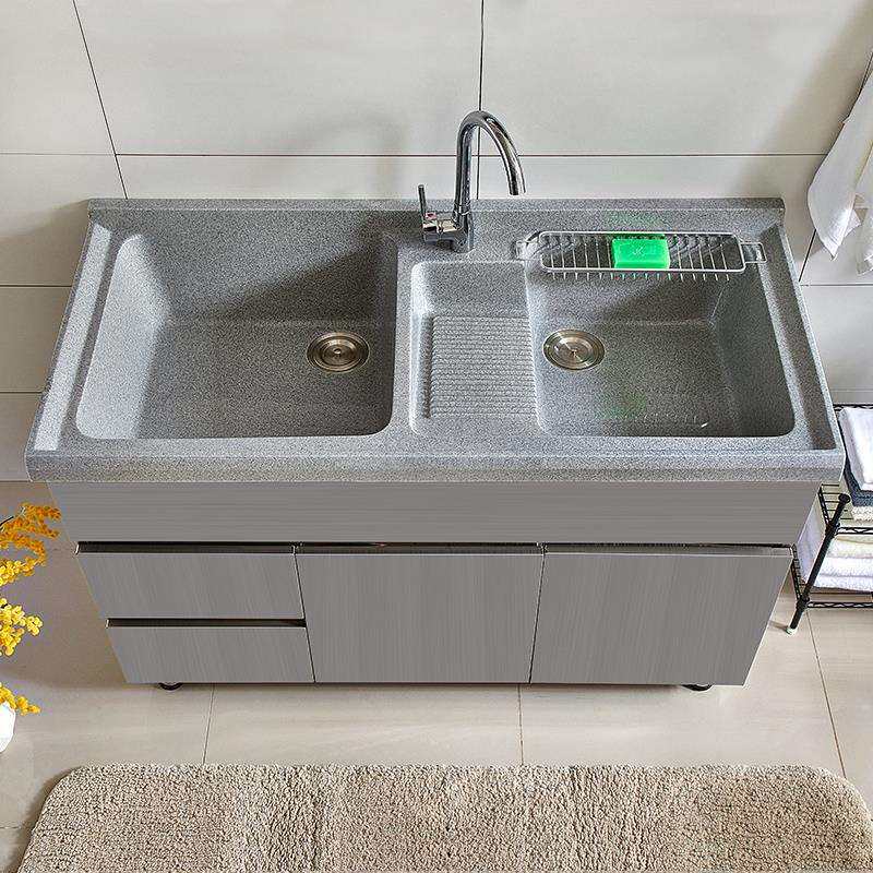 人造石英石盆洗衣柜双盆带搓衣板阳台不锈钢洗衣池一体台盆柜家用