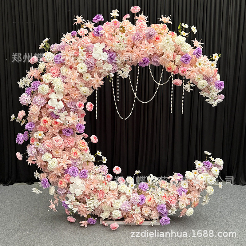 婚庆舞台装饰仿真花艺月亮拱门求婚派对打卡橱窗背景装饰摄影道具图片