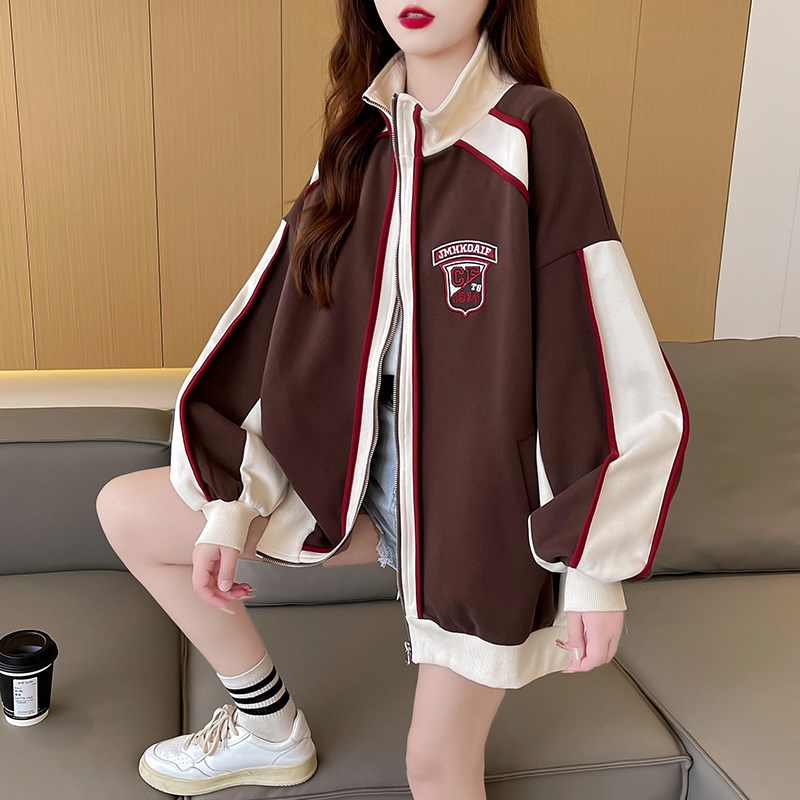纯棉韩版宽松撞色卫衣立领外套女慵D懒风小个子卫衣女秋冬外套上