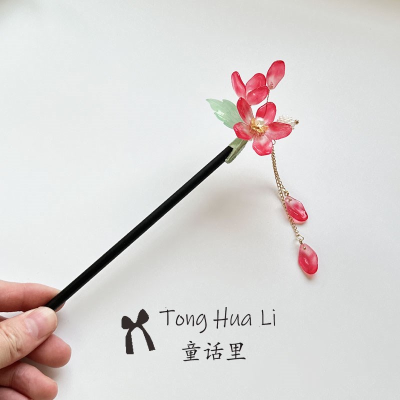 古典橄榄绿桃花发簪古风旗袍琉璃日常儿童发簪子流苏清新简约头饰