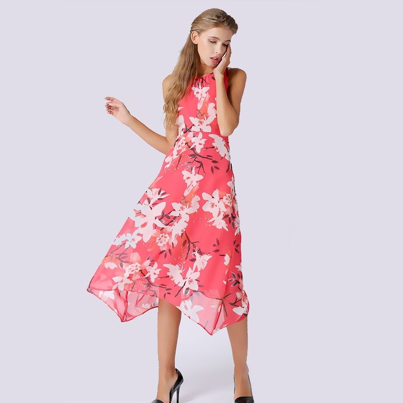 雪纺红色花印高腰连衣裙夏季胖mm女束腰吊带无袖背心长裙波西米亚