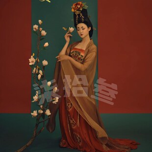 簪花仕女汉服诃子裙大袖衫中国古典舞蹈演出服唐制红色开场舞拖尾