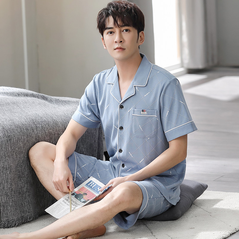 男士睡衣夏季纯棉短袖短裤中年爸爸家居服薄款夏天加肥加大码套装