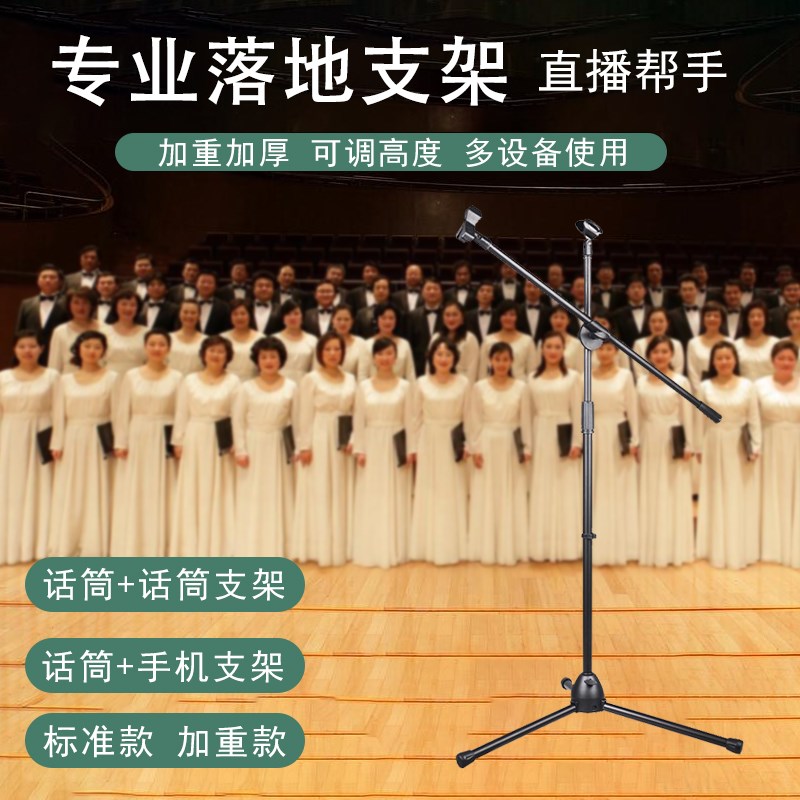 双手机直播话筒支架 加重K歌麦克风落地式支架升降三角架演出架子
