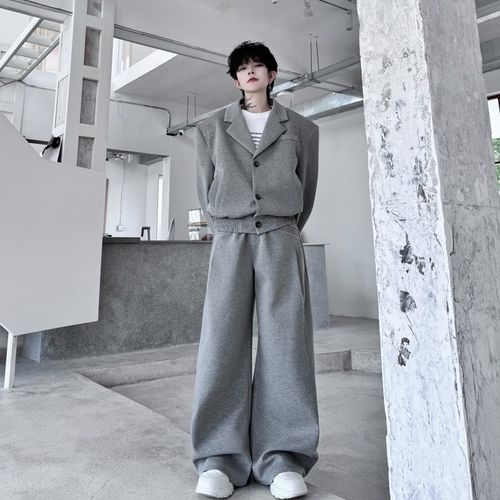 秋装韩国东大门轻奢翻领垫肩夹克套装男设计感休闲阔腿长裤两件套