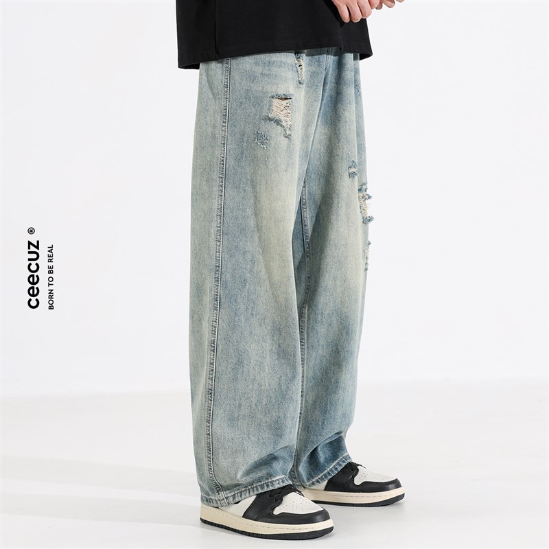 Ceecuz浅色做旧破洞牛仔裤男夏季新款黄泥水洗复古直筒阔腿长裤子