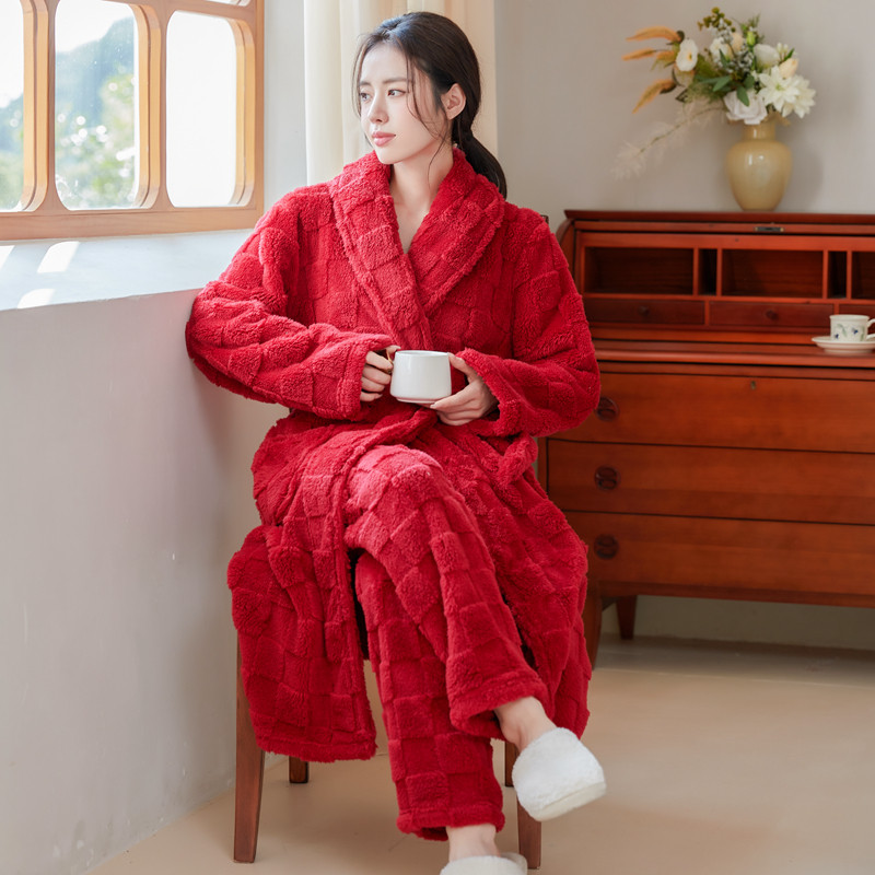睡袍女秋冬季加长款舒棉绒红色加厚两件套睡衣男珊瑚绒浴袍加裤子