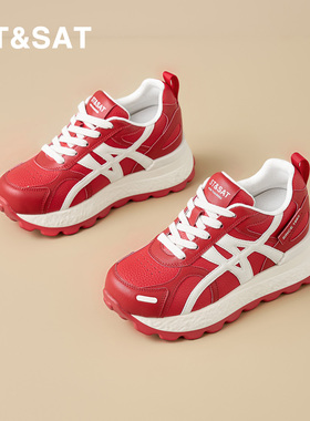 星期六复古红色休闲鞋女2026春季新款隐形内增高7公分运动阿甘鞋