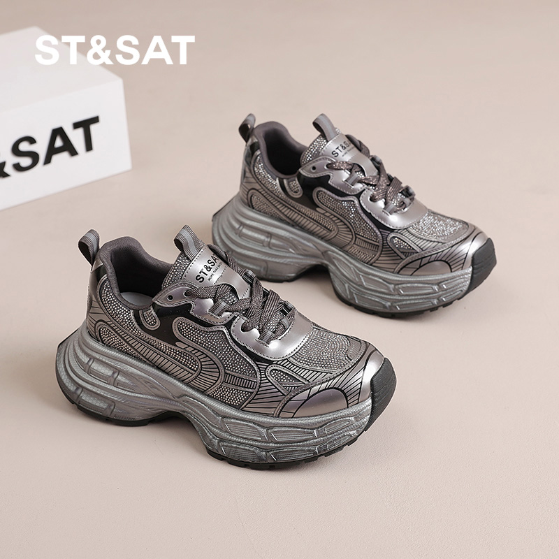 星期六银色老爹鞋女厚底增高6CM