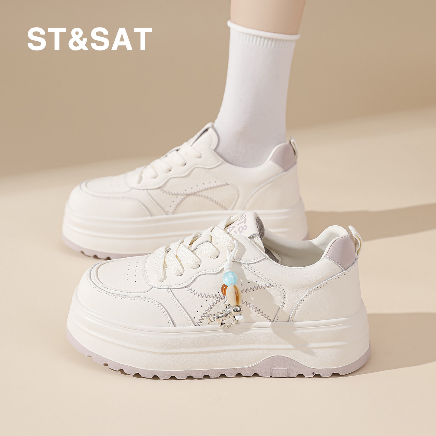 星期六爆款时尚休闲百搭单鞋女款2026春季新款真皮厚底爆款小白鞋