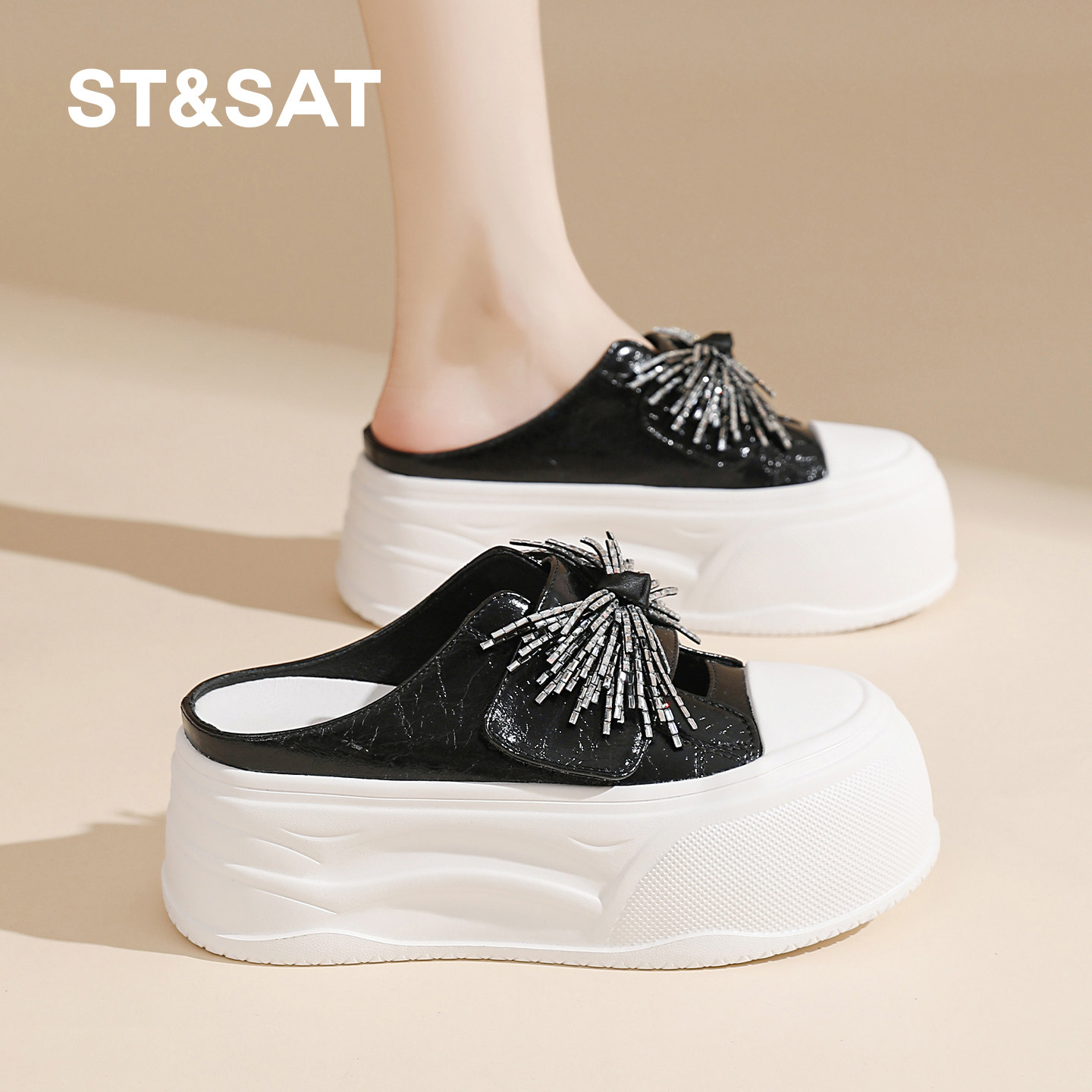 星期六小个子厚底隐形内增高7CM女款包头半拖夏季真皮百搭休闲鞋